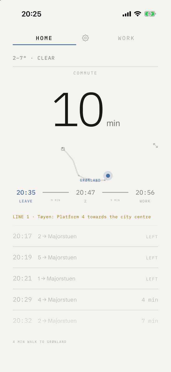 Commutez app: 10 min until you leave, route from Grønland to Majorstuen, leave 20:35, line 2 at 20:47, at work 20:56