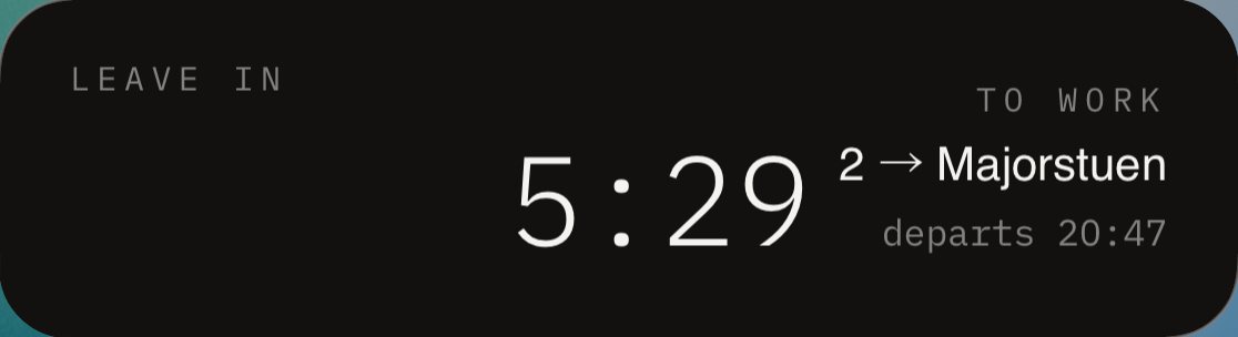 Live Activity on the lock screen: leave in 5:29, to work, line 2 to Majorstuen, departs 20:47