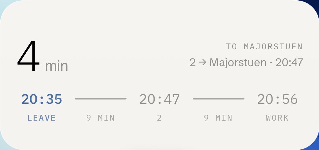 Wide widget: 4 min, to Majorstuen on line 2 at 20:47, leave 20:35, at work 20:56